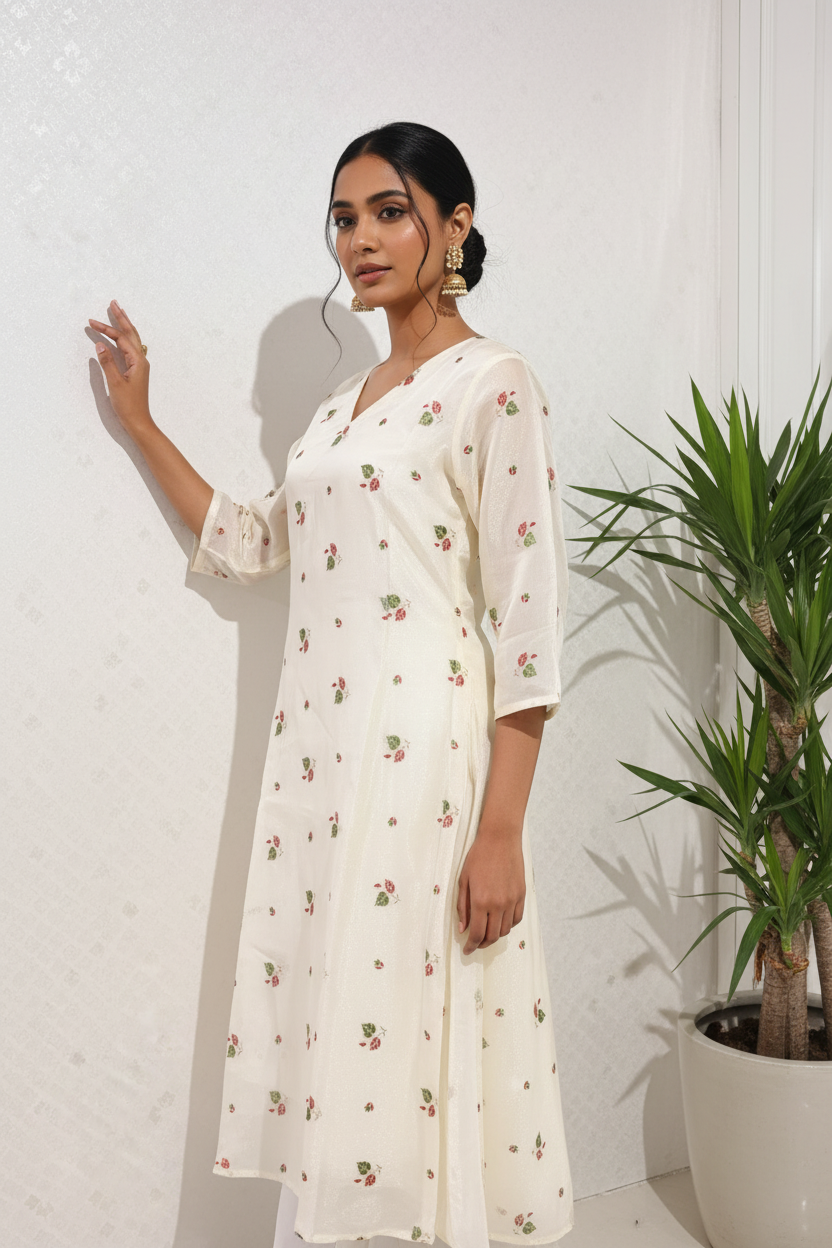 Cream Kurti No Slit - Side Wall
