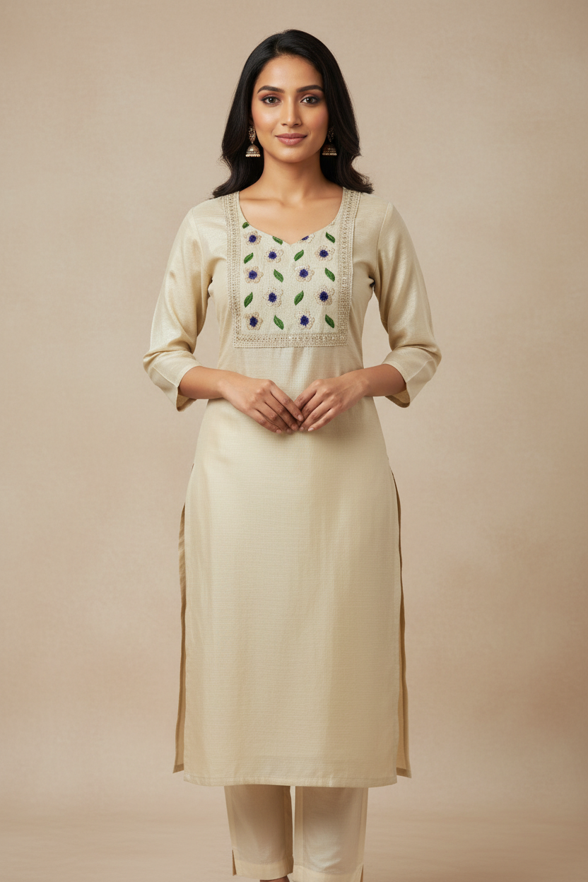 Cream Purple-Blue Floral Kurti - Elegant Pose