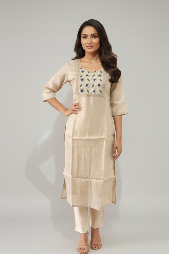 Cream Purple-Blue Floral Kurti - Front Pose