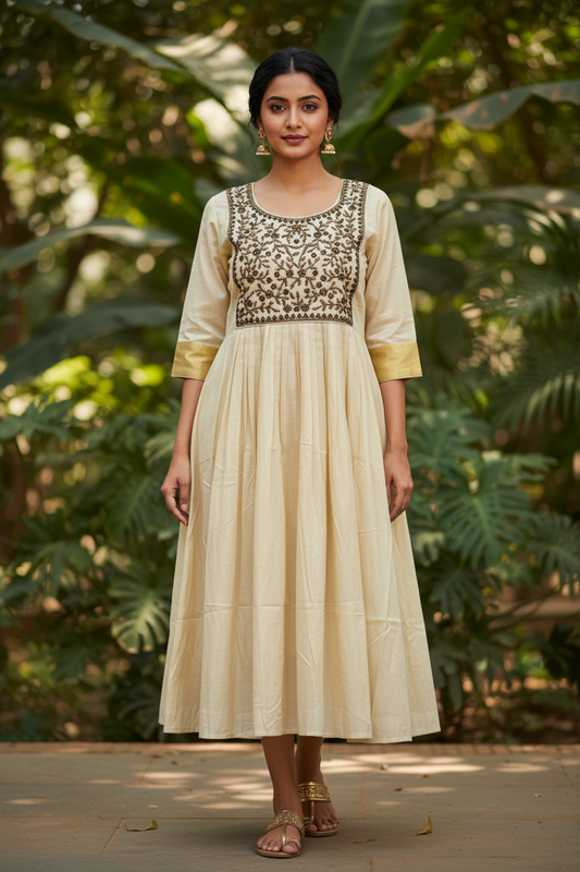 Cream Tissue A-Line Kurti – Full Front Pose – Indian Model – Outdoor Garden
