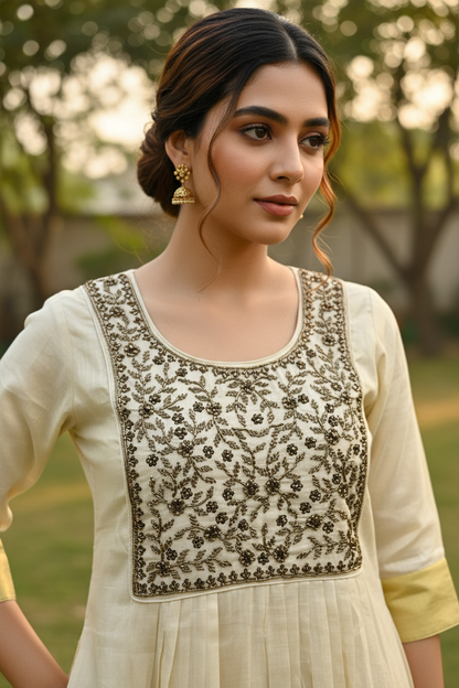 Cream Tissue Kurti – Embroidery Close-Up Detail – Zari Handwork Focus