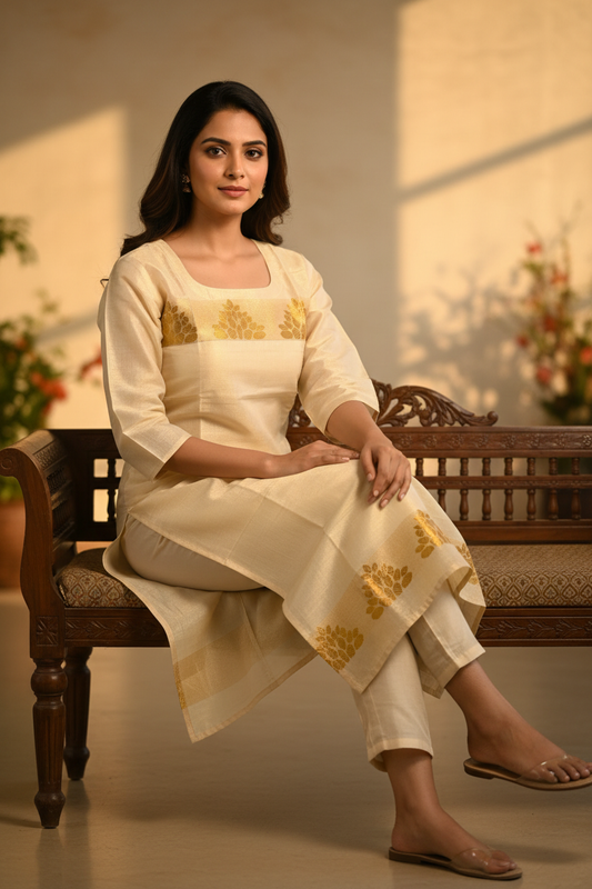 Cream Tissue Silk Zari Yoke Kurti - Seated Pose