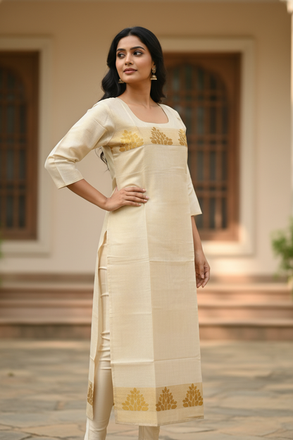Cream Tissue Silk Zari Yoke Kurti - Side Pose