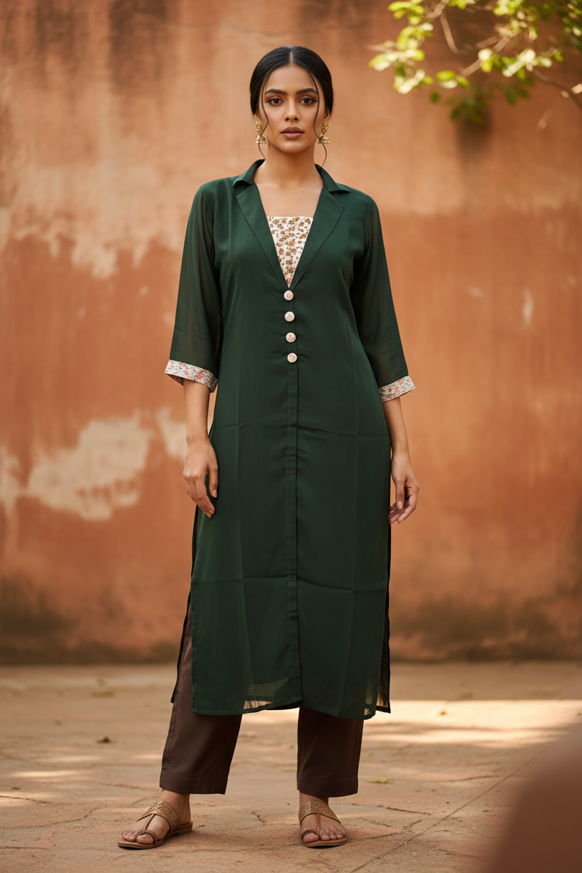 Dark Green Georgette Kurti - Full Front Pose with Brown Pants
