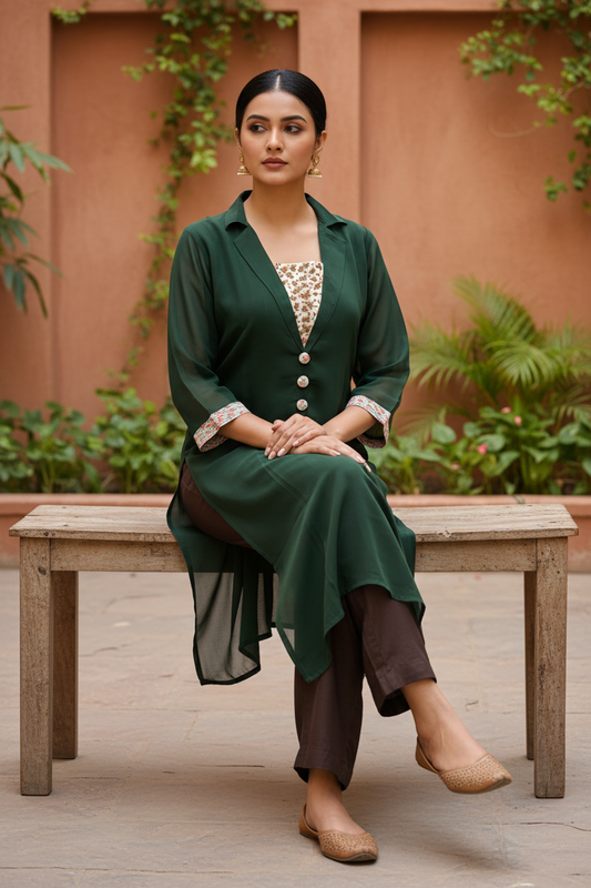 Dark Green Georgette Kurti - Seated Courtyard Pose