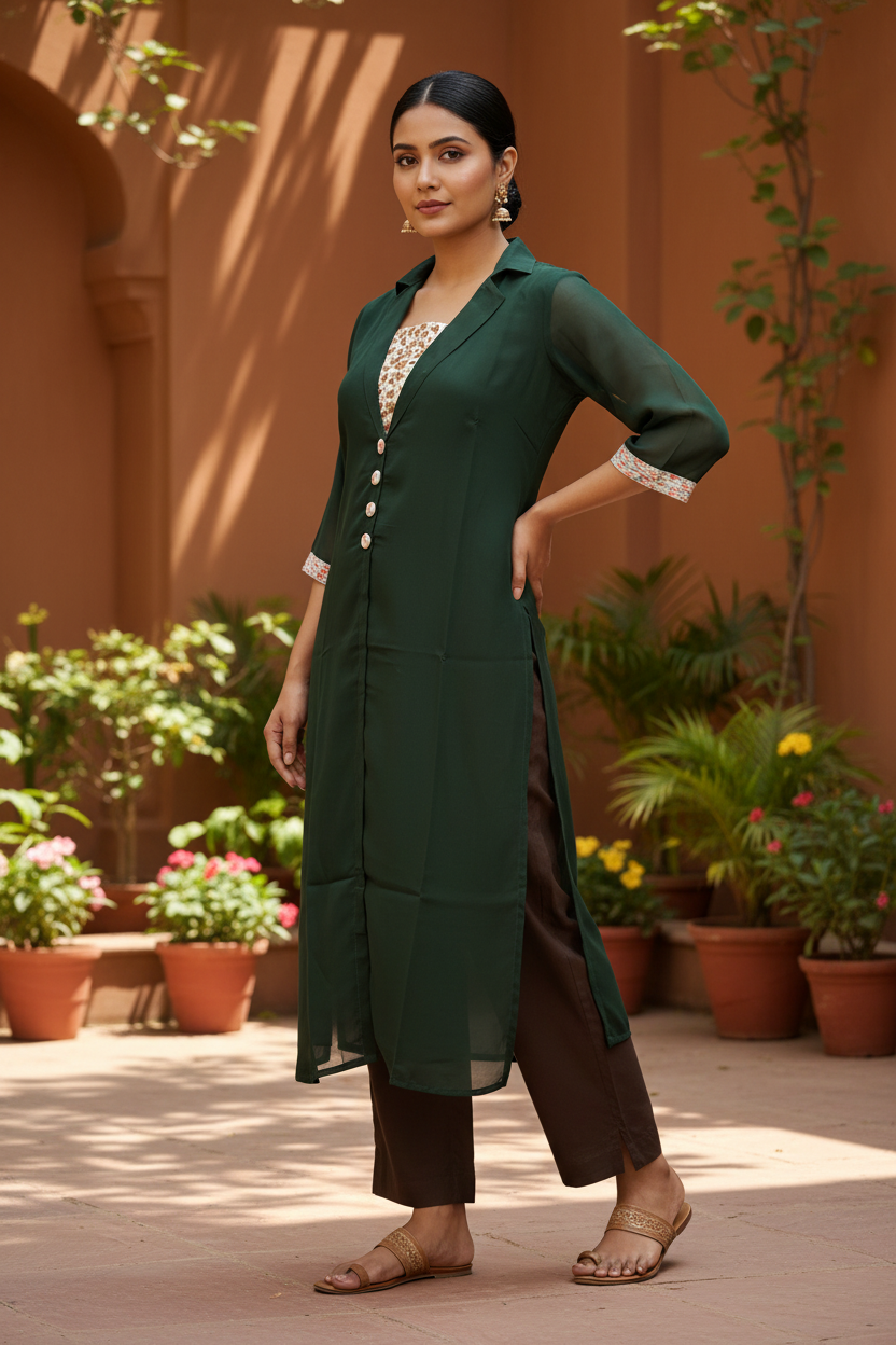 Dark Green Georgette Kurti - Three Quarter Pose