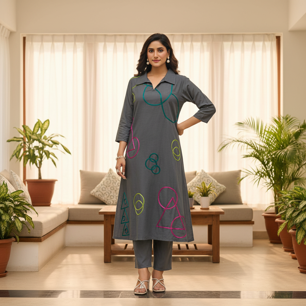 Dark Grey Geometric Kurti – Natural Home Background