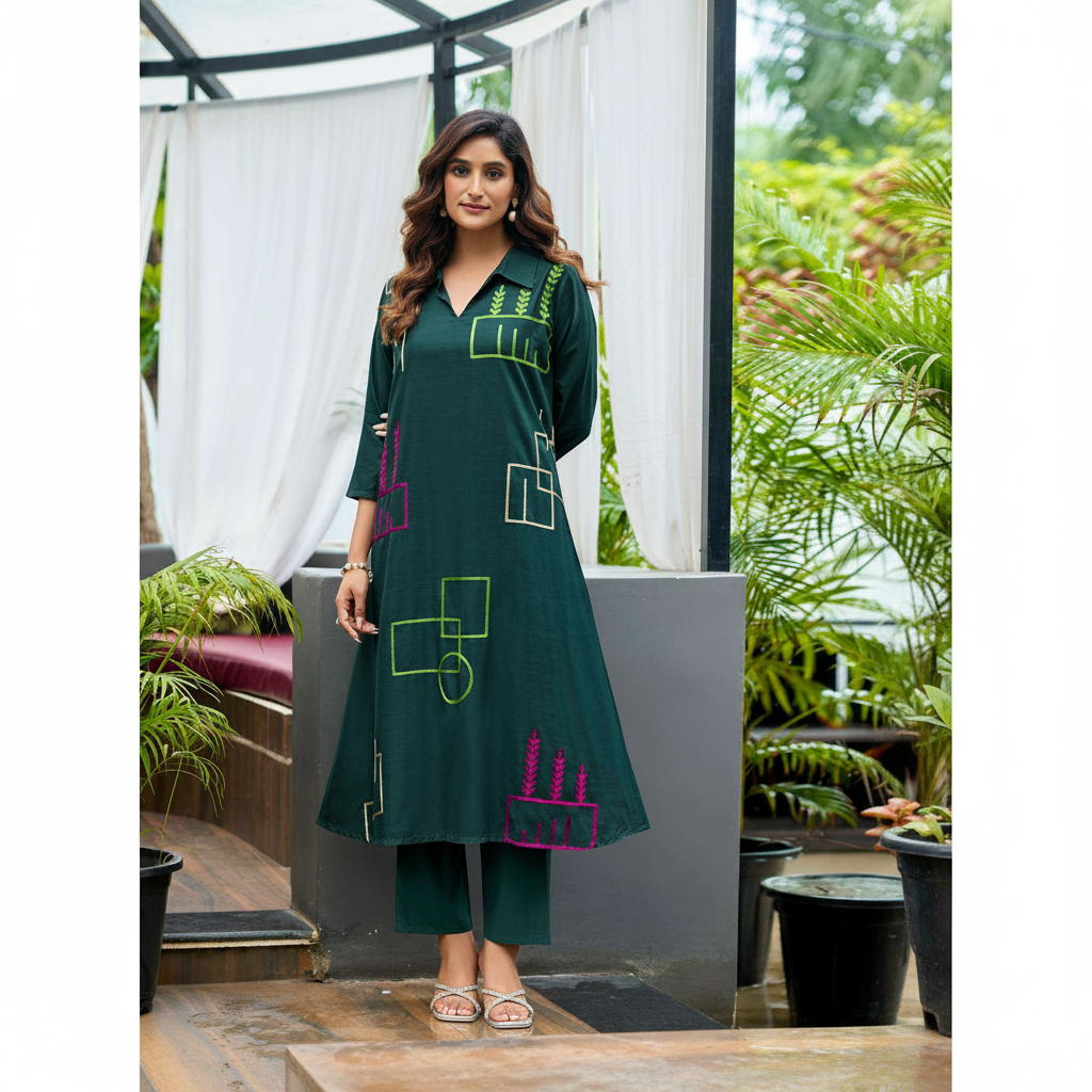 Dark Teal Geometric Kurti – Natural Home Background