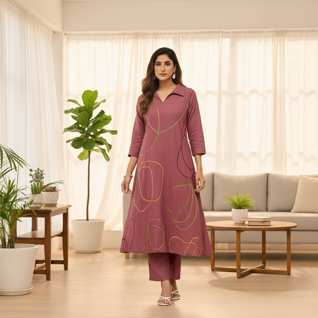 Dusty Rose Swirl Embroidery Kurti – Natural Home Background