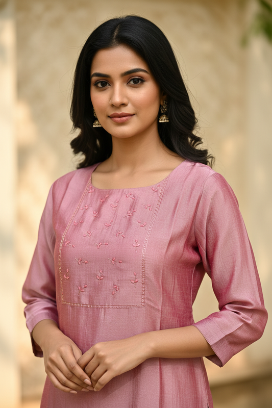 Dusty Rose Tissue Silk Kurti - Detail Close-up