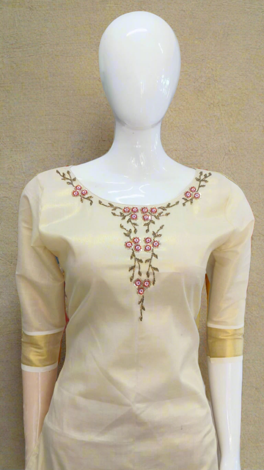 Women's Kerala Traditional Floral Handwork Gold Tissue Kurti