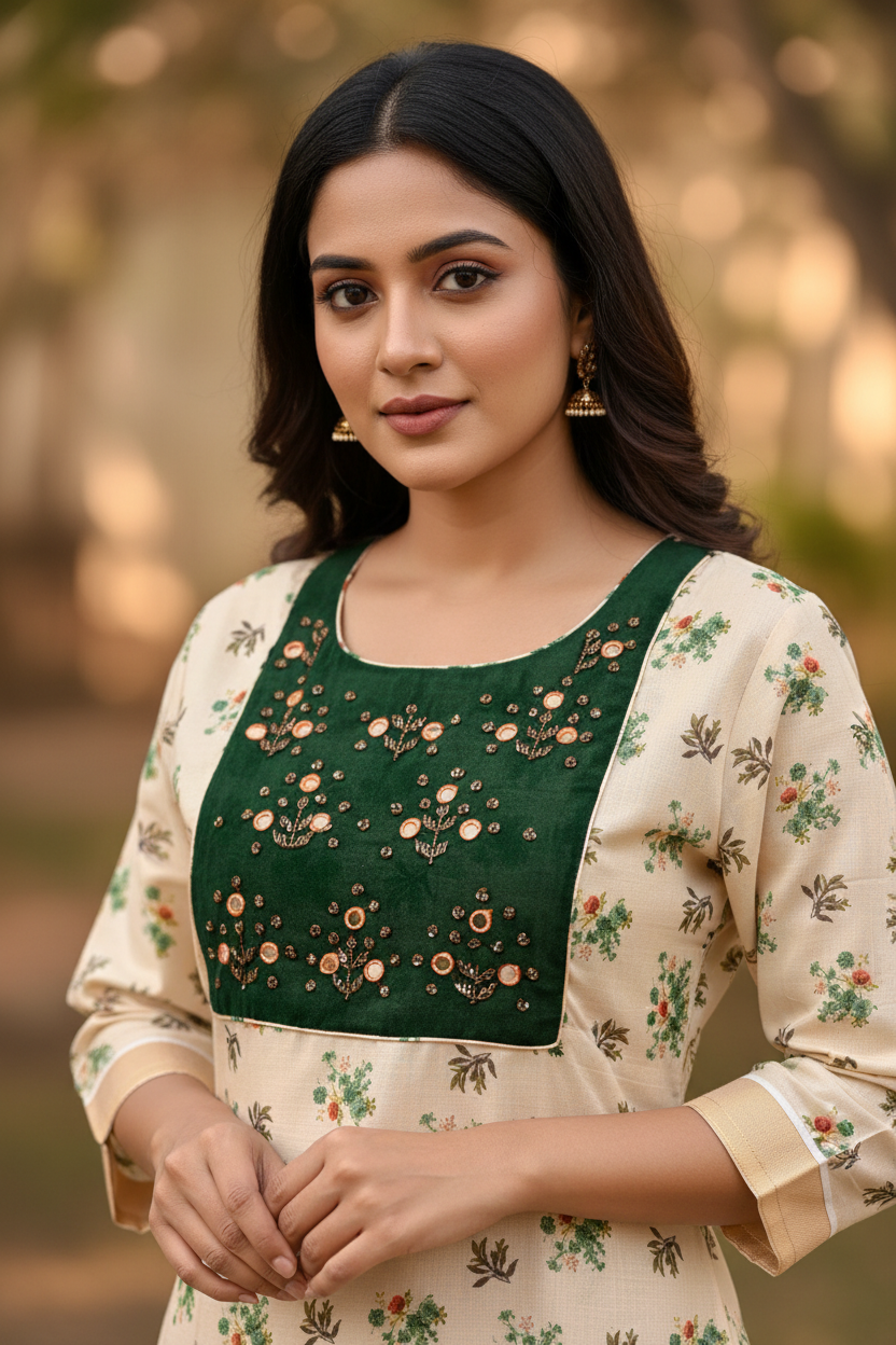 Floral Block Print Kurti - Detail Close-up