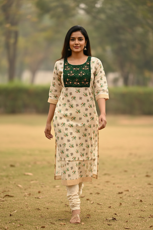 Floral Block Print Kurti - Walking Pose