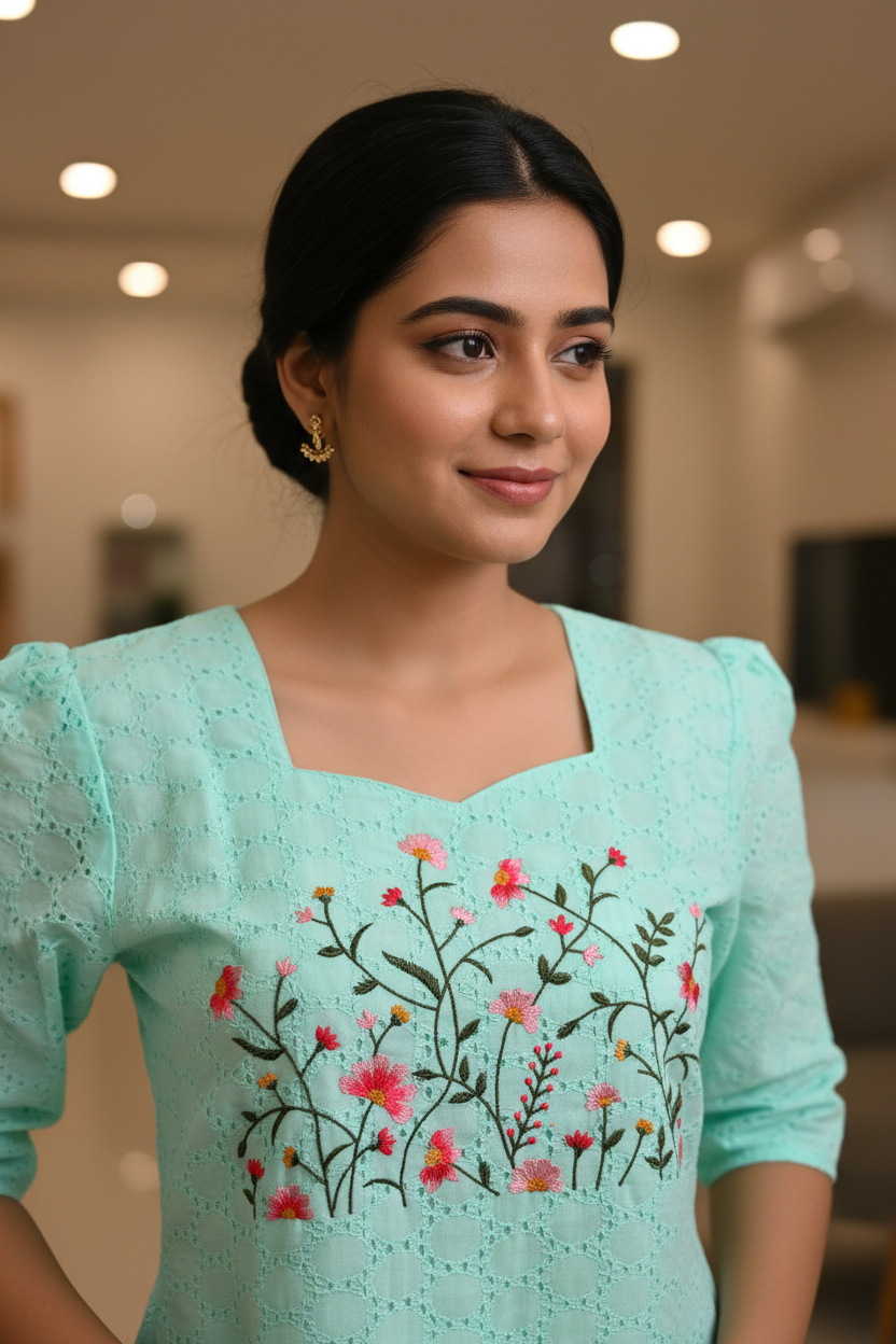 Floral Hand Embroidery Detail on Mint Hakoba Kurti | RAE Trends