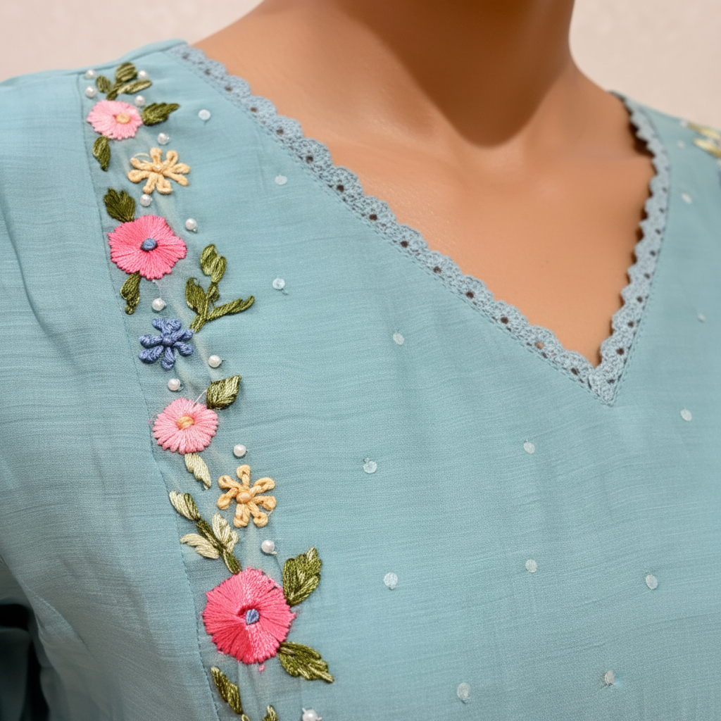 Floral Ribbon Embroidery Detail - Mint Blue Ethnic Kurti