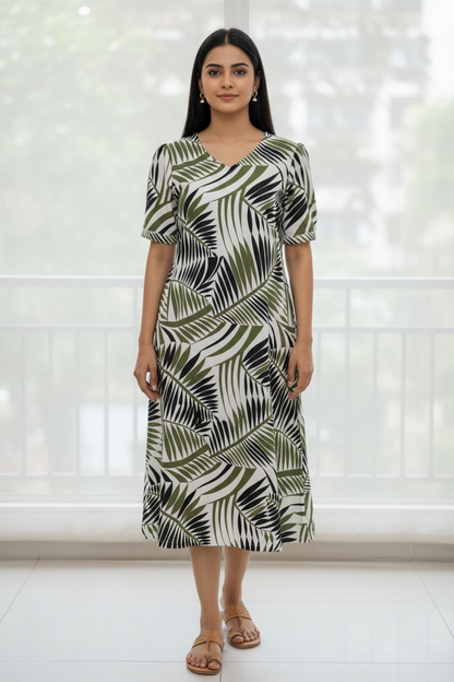 Olive green black tropical leaf print cotton kurti front view – 45 inch A-line V-neck ethnic wear for women