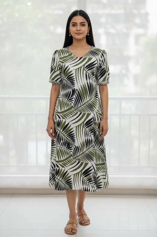 Olive green black tropical leaf print cotton kurti front view – 45 inch A-line V-neck ethnic wear for women