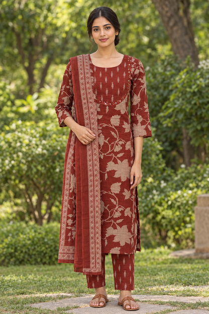 Front view of rust-brown floral kurta set in a garden