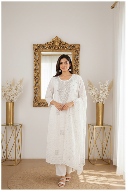 White chikankari kurta set full front view with mirror work dupatta and straight cut pant - RAE Trends