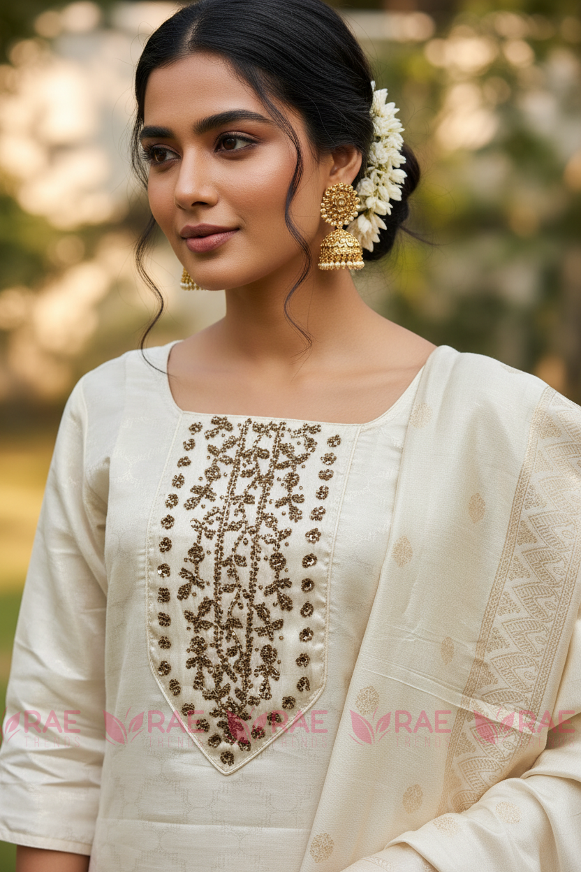 Cream Kerala Kasavu Salwar Suit Set | Tissue Silk Blend | Gold Bead & Sequin Handwork | Dupatta & Pant | 3-Piece
