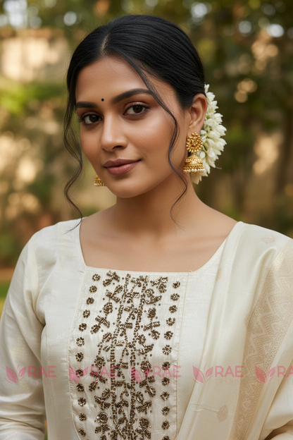 Cream Kerala Kasavu Salwar Suit Set | Tissue Silk Blend | Gold Bead & Sequin Handwork | Dupatta & Pant | 3-Piece
