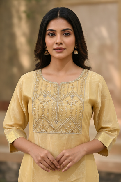 Golden Tissue Silk Kurti - Detail Close-up