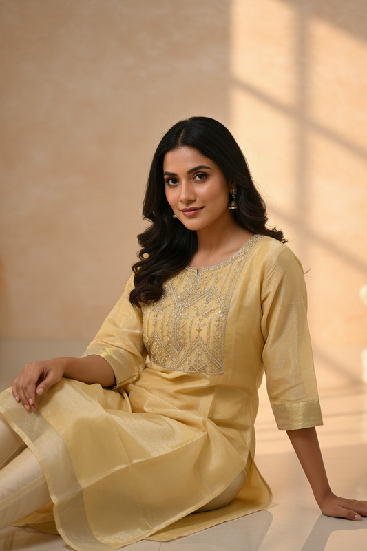 Golden Tissue Silk Kurti - Seated Pose