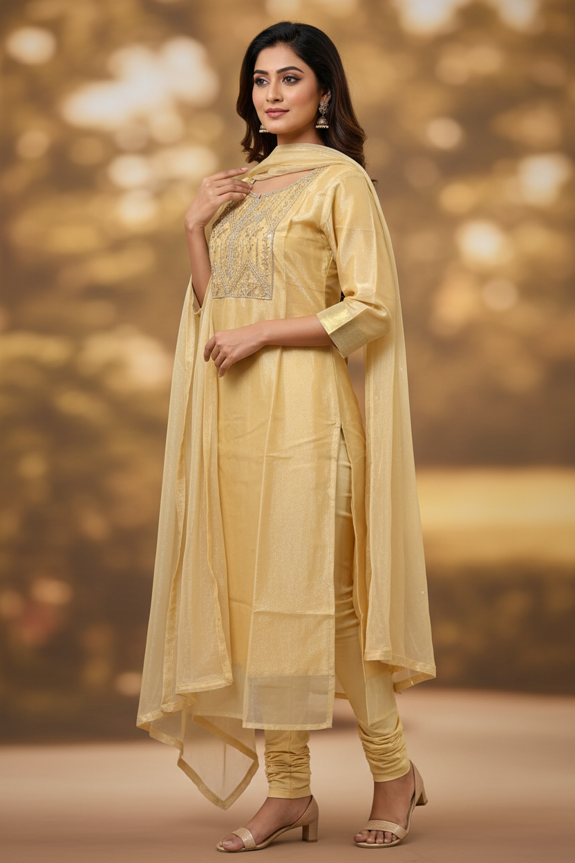 Golden Tissue Silk Kurti - Side Pose