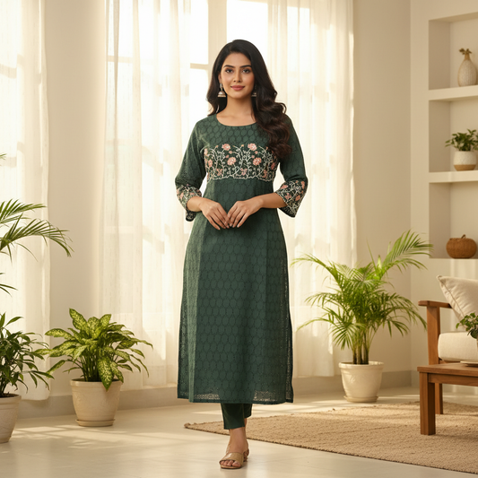 Green Hakoba Floral Kurti – Indian Model
