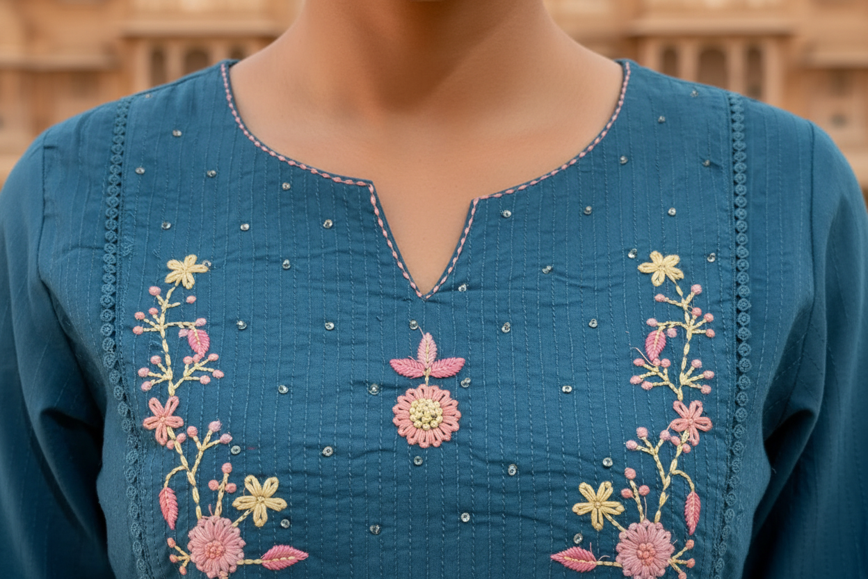 Handwork Floral Embroidery Detail - Teal Kurti Yoke Close-Up | RAE Trends