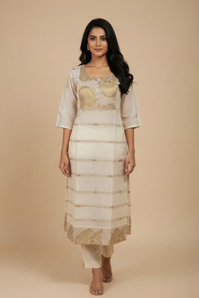 HD Cream Gold Kurta Set with Indian Model