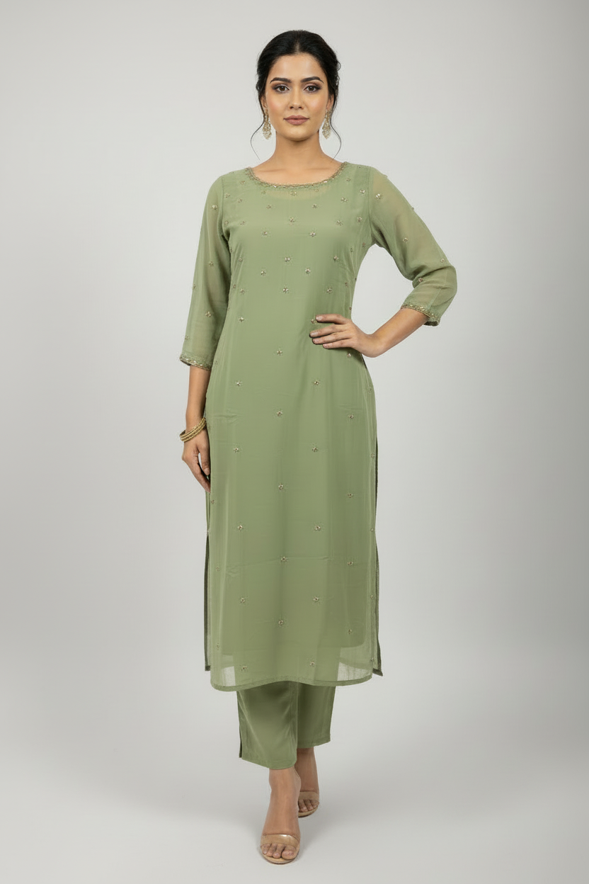 HD image with consistent model styling in sage green cord set