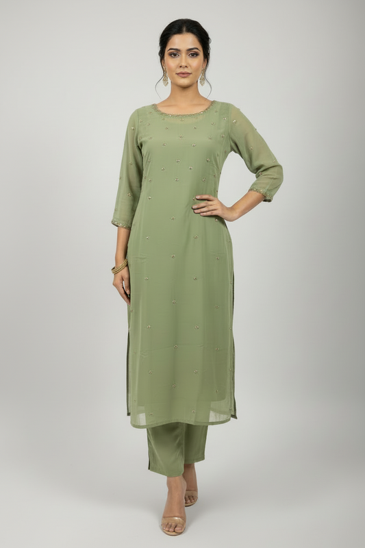 HD image with consistent model styling in sage green cord set