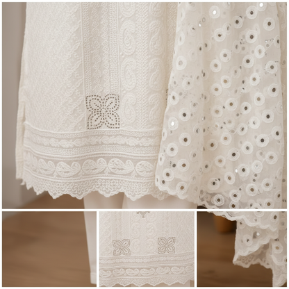 Close-up of chikankari kurta hem with lace border and mirror work dupatta detail - RAE Trends