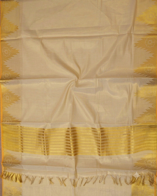 Off-white Kerala Kasavu tissue silk saree with golden temple chevron border, floral motif, yellow hem, broad golden zari stripe pallu and tassel fringe – perfect for Onam, weddings and festive occasions
