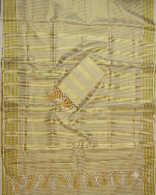 Pale gold Kerala tissue silk stripe saree with woven horizontal gold stripes, decorative tassel fringe pallu and matching blouse piece – perfect for Onam, festivals and party wear