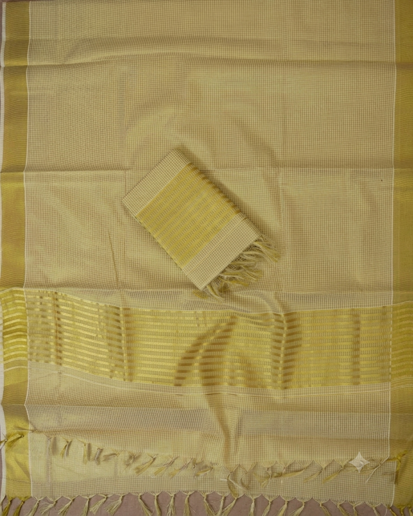 Pale yellow tissue silk saree with golden zari border and matching blouse piece – traditional Kerala Kasavu style, ideal for Onam, festivals, and ethnic occasions