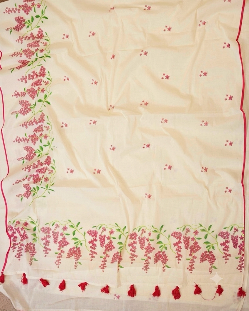 Cream cotton saree with scattered pink floral buds, cascading wisteria vine border in pink and green, red piping edge and red tassel fringe pallu – perfect for Onam, festivals and party wear