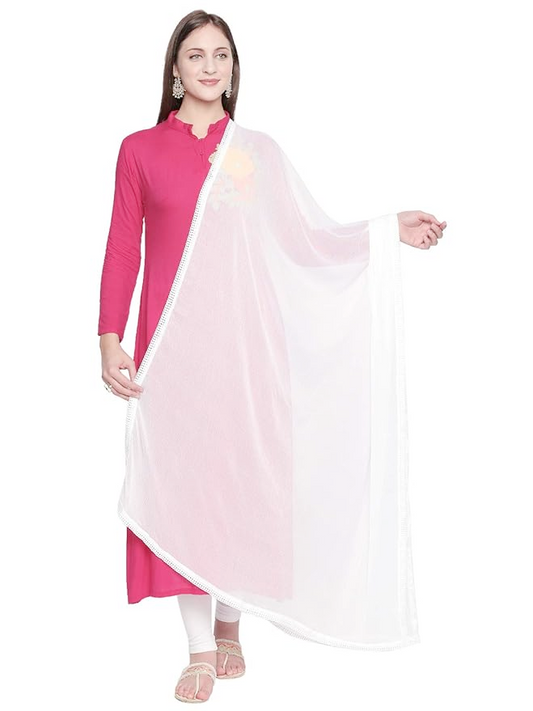 Woman wearing a pink kurta with white dupatta on a white background