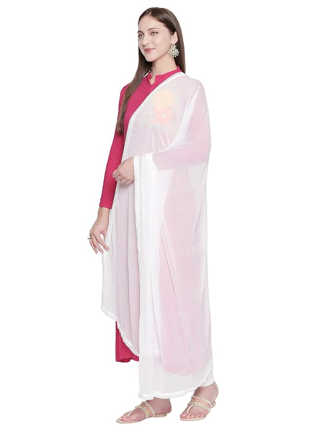 Woman wearing a pink and white traditional outfit with a dupatta on a white background