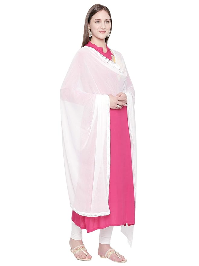 Woman wearing a pink and white traditional outfit on a white background