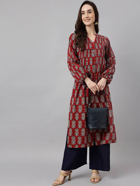 Women's Maroon Pure Cotton Regular Fit Floral Printed A-Line Kurta