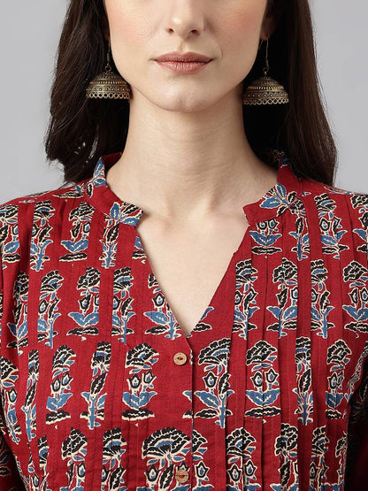 Women's Maroon Pure Cotton Regular Fit Floral Printed A-Line Kurta
