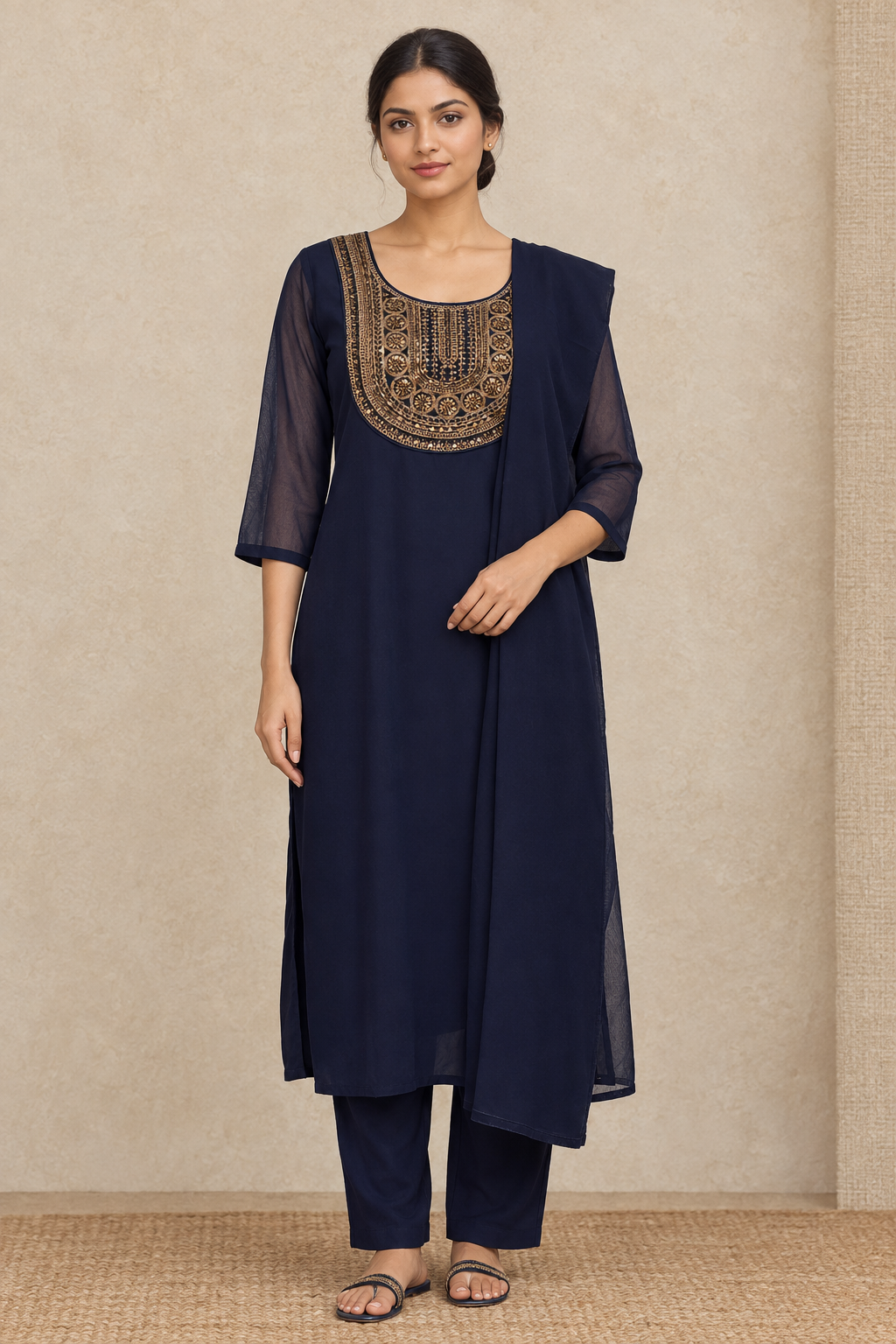 Indian model in a relaxed pose wearing the navy blue ethnic outfit
