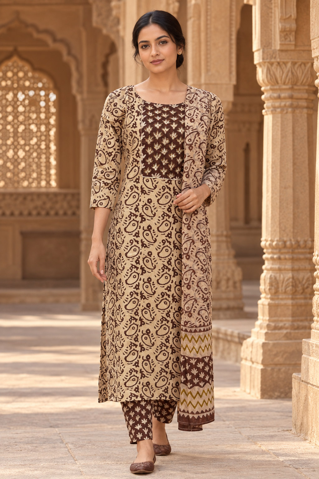 Indian model in a walking pose wearing the printed kurta set