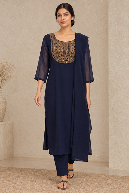 Indian model walking in the navy blue embroidered outfit