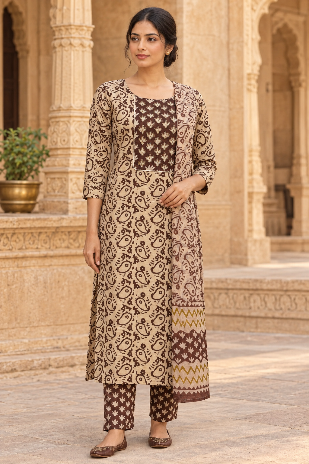 Indian model wearing the cream and brown printed ethnic outfit at a slight angle