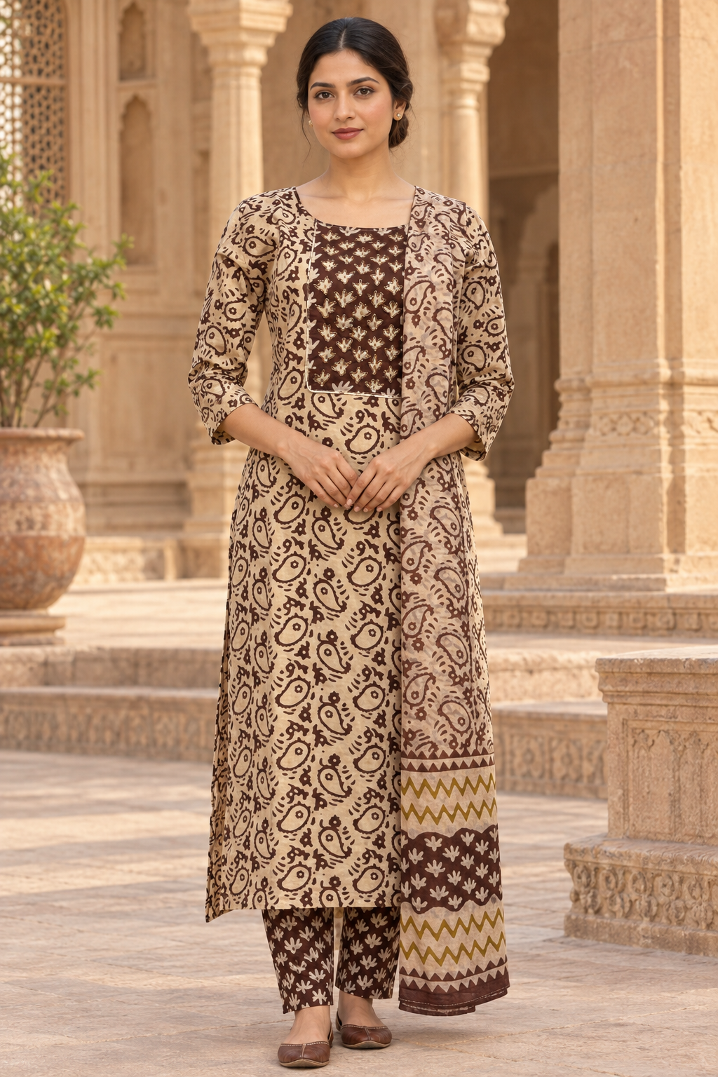 Indian model wearing the cream and brown printed ethnic outfit, front view