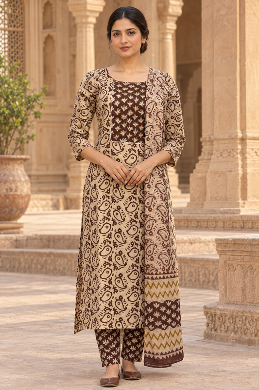 Indian model wearing the cream and brown printed ethnic outfit, front view
