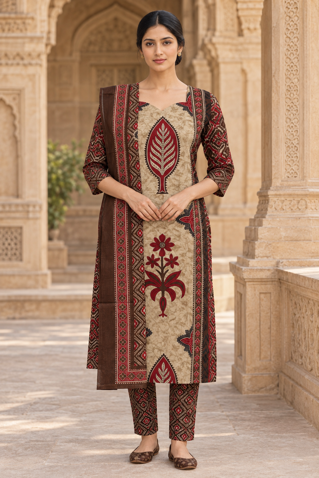 Indian model wearing the cream, brown and maroon printed ethnic set, front view